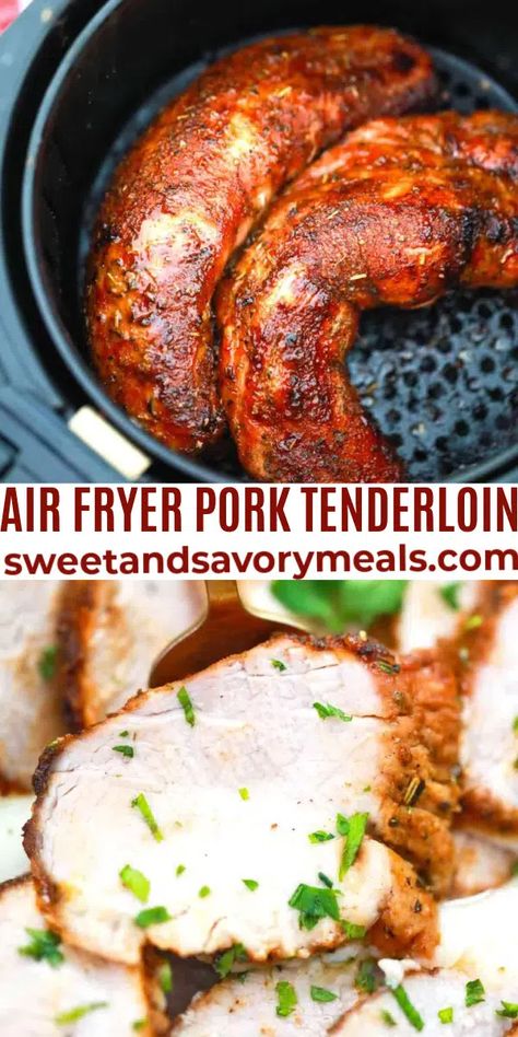 Juicy Air Fryer Pork Tenderloin Recipe - Sweet and Savory Meals Easy Pork Loin Recipes, Air Fryer Pork Tenderloin, Air Fryer Recipes Pork, Fried Pork Tenderloin, Air Fryer Pork, Pork Tenderloin Recipe, Tenderloin Recipe, Pork Loin Recipes, Tenderloin Recipes