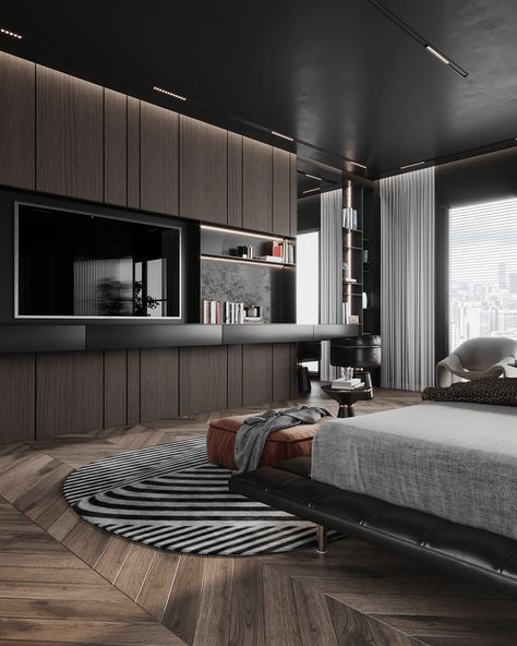 Modern Bed Set, Luxxu Modern Design Living, Luxury Bedroom Decor, Bedroom Interior Design Luxury, Round Beds, Tv In Bedroom, Luxury Bedroom, Dark Interiors, Neutral Design