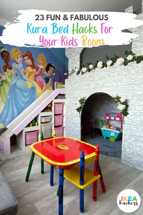 Kura bed hacks that make you want to be a kid again!The KURA bed is one of the best thing you can get for your kid’s room. The reversible bed frame is practically bare bones which you can dress up or down as you wish. 23 fun & fabulous KURA bed hacks for your kids room. Follow us for more easy Ikea hacks and DIY home decor projects. Ikea Kallax Loft Bed Hack, Kura Bed Girls Room, Slide Bedroom, Bed Hacks, Kura Bed Hack, Ikea Hack Kids, Easy Ikea Hacks, Easy Diy Home Projects, Ikea Kids Room