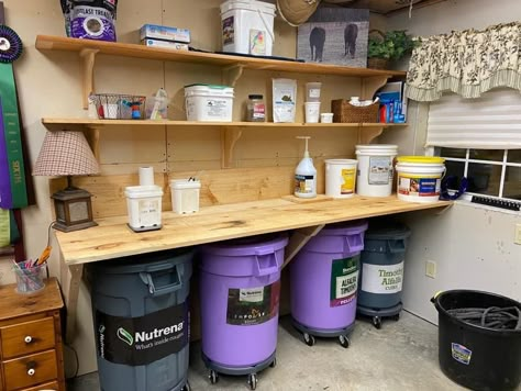 Grain Room Organization, Feed Room Storage Ideas, Cattle Feed Storage, Horse Food Storage Ideas, 12x12 Tack Room Ideas, Horse Supplement Organization, Feed Shed Organization, Diy Horse Feed Storage, Organize Tack Room