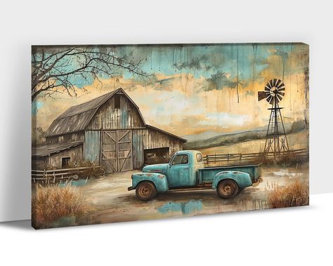 PRICES MAY VARY. 👏Farmhouse Truck Wall Decor Size - This Retro Farmhouse Truck canvas wall art measures 28x40 inches, Please measure the wall to choose the right canvas size before purchasing! Shop our wide selection of canvas wall art by color, size, or style, adding an amazing and distinctive effect to your home decoration. We consistently keep our canvas paintings with a stylish look! Bring art into your life! 🏡Say Goodbye to Boring Room: Every American family has nostalgic memories of the Painting A House On Canvas, Primitive Art Painting, Old Farm Paintings, Barn Paintings On Canvas, Autumn Posters, Farm Scene Painting, Truck Drawings, Corrugated Metal Wall, Rustic Farmhouse Wall Decor