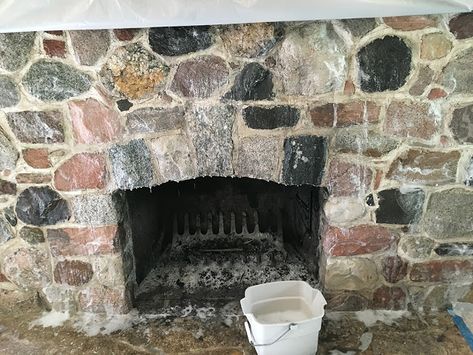 Indoor Stone Wall, Fireplace Mortar, Fireplace Cleaner, How To Clean Stone, River Rock Fireplaces, Sandstone Fireplace, Stone Walls Interior, Stone Fireplace Surround, Clean Fireplace