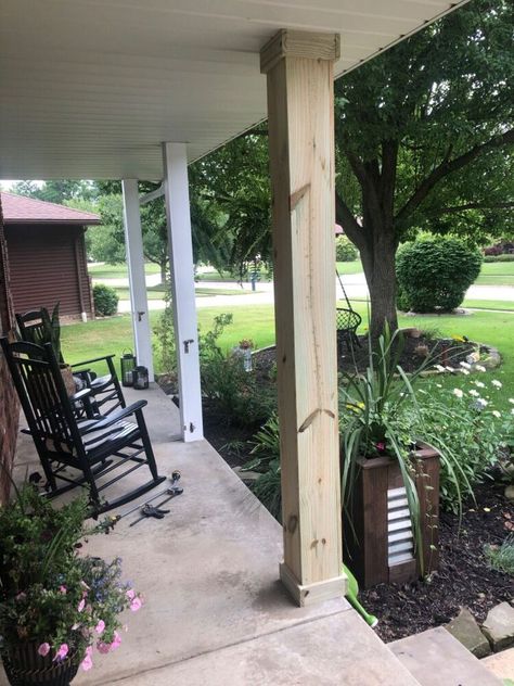 Porch Without Railing, Bohemian Beach Decor, Exterior Home Makeover, Front Porch Railings, Topiary Diy, Railing Ideas, Reclaimed Brick, Porch Makeover, Builder Grade