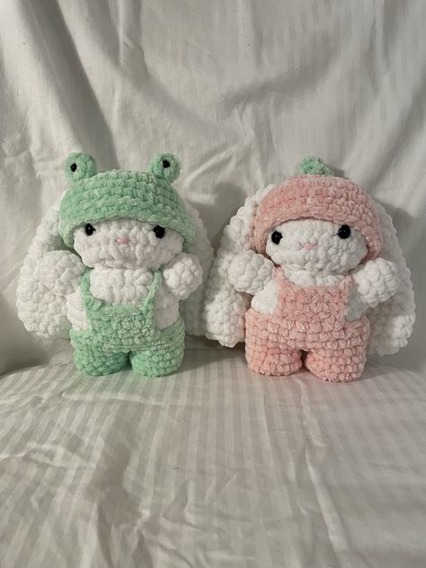 Crochet Baby Bunny with Hat and Overalls, Crochet Amigurumi Bunny Strawberry Baby Bunny or Frog Baby Bunny Great for Cuddling and Decoration, can be a great gift *Due to this item being handmade, items can slightly differ in appearance. *This item can be customized. For any customization questions, please feel free to message me. Crochet Bunny Stuffed Animal, Crochet Bunny Sweater, Crochet Bunny With Clothes, Strawberry Bunny Crochet, Crochet Clothes For Stuffed Animals, Crochet Bunny With Overalls, Crochet Inspo Ideas, Overalls Crochet, Bunny Strawberry