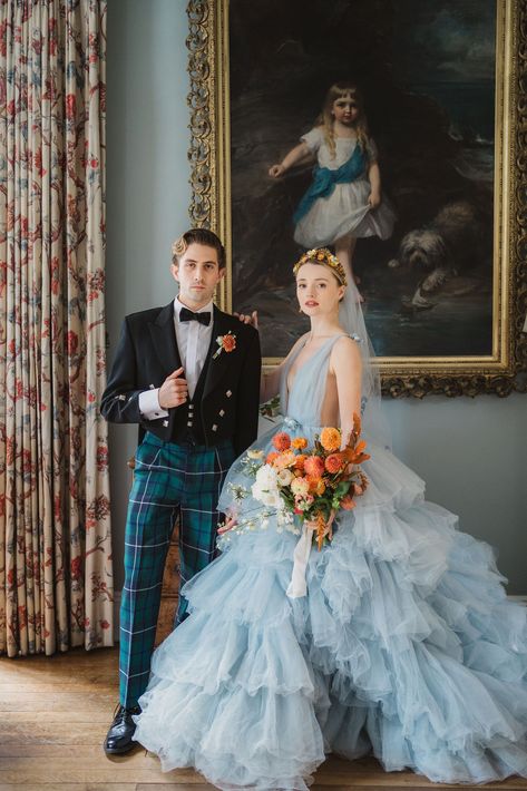 a romantic + voluminous blue tulle wedding gown and a tartan trouser groom look for a wedding shoot at a English country estate Colorful Bride And Groom, Blue Autumn Wedding, Blue Wedding Aesthetic, Wedding Blue Dress, Powder Blue Wedding, Irish Wedding Traditions, Blue Wedding Gowns, Tartan Wedding, Baby Blue Weddings