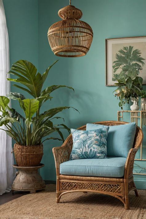 Tropical Paradise: Benjamin Moores Palladian Blue for Island Vibes - HOME CABINET EXPERT Cozy Tropical Home, Island Interior Design Tropical, Caribbean Style Homes Interior Design, Tropical Home Color Palette, Tropical Condo Interior, Cuba Interior Design, British Colonial Paint Colors, Tropical Colonial Interior, Tropical Paint Colors