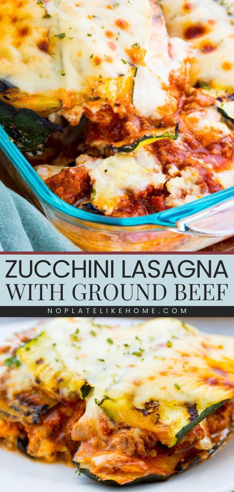 You're going to love this Zucchini Lasagna with Ground Beef! It's a low-carb summer dinner idea with gluten-free and vegetarian options. Complete with a homemade meat sauce and a ricotta cheese mixture, this easy zucchini recipe is a hearty, delicious casserole! Lasagna Recipe With Zucchini Noodles, Zucchini Lasagna Without Ricotta Cheese, Zucchini Lasagna Recipe With Cottage Cheese, Ground Beef And Zucchini Recipes For Dinner, Baked Zucchini Lasagna, Zucchini Lasagna Roll Ups Meat, Meat Lasagna Recipe Easy Ground Beef, Zucchini Lasagna Recipe With Ricotta, Summer Dinner Ground Beef