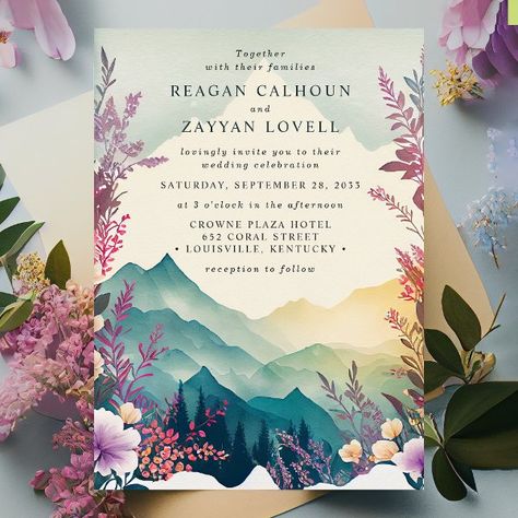 Watercolor Floral Spring Mountains Wedding Invitation Spring Mountains, Wedding Flyers, Mountains Wedding, Mountain Wedding Invitations, Wedding Announcement Cards, Spring Wedding Invitations, Floral Save The Dates, Floral Bridal Shower Invitations, Majestic Mountains