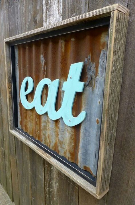 corrugated metal and turquoise sign #LGLimitlessDesign   #Contest Corrugated Metal Decor, Metal Decor Ideas, Barn Tin, Man Cave Building, Eat Sign, Corrugated Tin, Rustic Coastal, Metal Tree Wall Art, Corrugated Metal