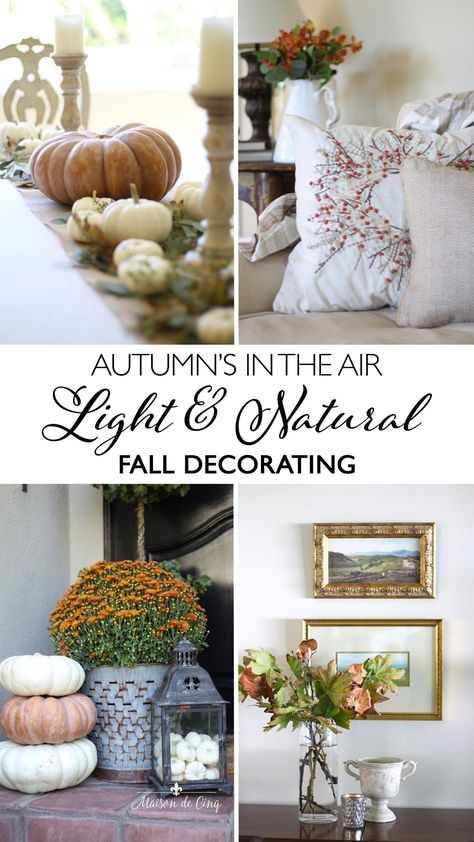 Home Tour Decorated in the Warm Colors of Fall! Gorgeous autumn decor in shades of green, copper, and faded rust--->#maisondecinq falldecor falldecorating falldecoratingideas autumndecor autumndecorating fallflowers pumpkins whitepumpkins farmhousestyle frenchfarmhouse frenchcountry countryfrench falltour Natural Holiday Decor, Fall Vignettes, Fall Home Tour, Colors Of Autumn, Colors Of Fall, Fall Thanksgiving Decor, Farmhouse Holiday, Autumn Decorating, Autumn Nature