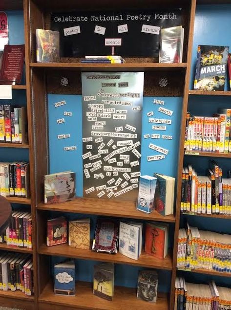 Poetry Display, Fridge Poetry, Teen Library Displays, School Library Book Displays, Passive Programming, Book Display Shelf, School Library Displays, Teen Library, Middle School Libraries