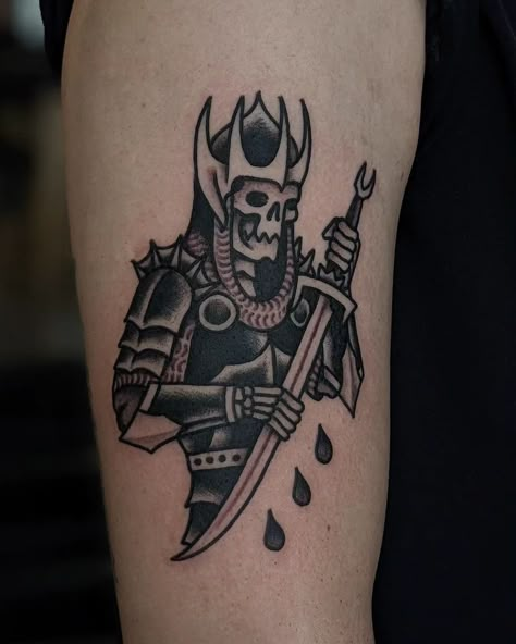 Skyrim Tattoo, Samurai Tattoo Sleeve, Wizard Tattoo, Traditional Black Tattoo, Tat Inspiration, Castle Tattoo, Cowboy Tattoos, Medieval Tattoo, Knight Tattoo