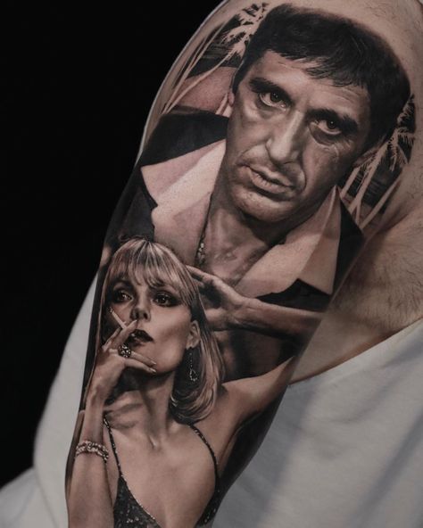 Movie Character Tattoos, Victoria Tattoo, Jesus Tattoo Sleeve, Montana Tattoo, Portrait Tattoo Sleeve, Tattoo Mafia, Victoria Lee, Horror Movie Tattoos, Gangsta Tattoos