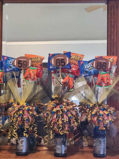 Homecoming Buckets Football, End Of The Season Football Gifts, End Of Season Flag Football Gifts, Senior Year Football Gifts, Football Game Day Treats For Players, Senior Night Gift Ideas Band, Football End Of Season Gifts For Players, Football Candy Bouquet, Homecoming Gifts For Football Players