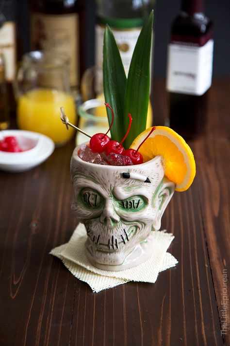 Zombie Cocktail (Tiki Cocktail Series) Zombie Drink, Zombie Cocktail, Cinnamon Simple Syrup, Strong Cocktails, Spooky Halloween Food, Tiki Cocktail, Tiki Cocktails, Tiki Drinks, Drink Bar