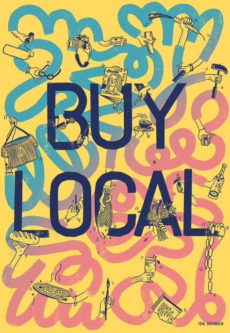 This is a poster in support of the local high street and the many diverse shops which make it what it is. The colourful arms and fluid shapes celebrate the different personalities of small local businesses.

I would like to offer the yellow, blue and pink poster as a free printable A4 PDF to small businesses. If you are interested, please email me at idahenrich@gmail.com.  #supportlocal #smallbusiness #highstreet #illustration #artwork #arms #fun #colourful #poster #posterdesign #trade #drawing Small Business Poster Design, Buy Local Illustration, Shop Local Illustration, Local Market Design, Small Business Illustration, Community Illustration, Attic Lounge, Community Farm, Grocery Ads