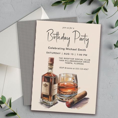 Whiskey and Cigars Masculine Birthday Party Invitation Bourbon And Cigars Party, Whiskey And Cigars, Masculine Birthday Party, Glass Of Bourbon, Whiskey Party, Birthday Party Decorations For Adults, Text Template, Adult Birthday Party, Party Details