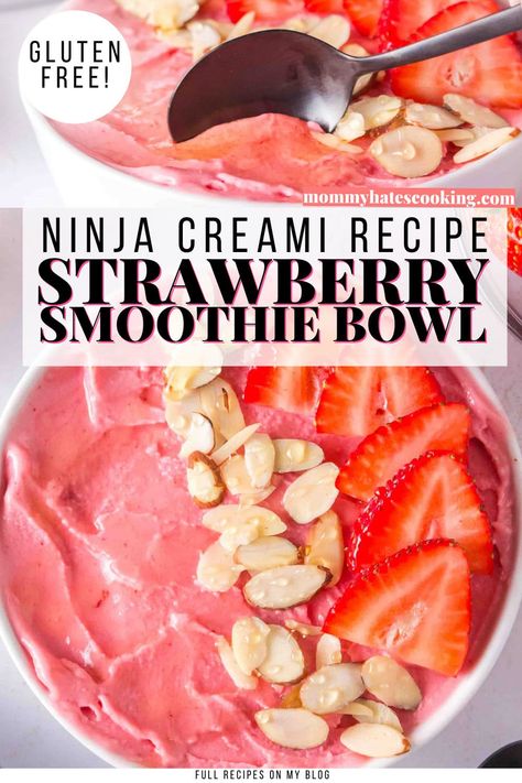 Make a delicious, fresh recipe with this Ninja Creami Strawberry Smoothie Bowl with fresh strawberries and Greek Yogurt! Ninja Creami Healthy Smoothie Bowl, Smoothie Bowl Ninja Creami Recipes, Ninja Cream I Smoothie Bowl, Ninja Cremi Smoothie Bowl, Acai Bowl Ninja Creami, Healthy Ninja Creami Breakfast, Breakfast Ninja Creami, Creami Smoothie Bowl Recipe, Ninja Cream Smoothie Bowl