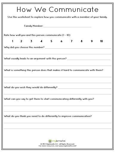 Communication between family members is important for building healthy relationships. Help children learn how to communicate well with this worksheet. For parents, counselors, or others working with youth. Visit mylemarks.com for more information! #family #therapy #communication Family Therapy Interventions, Communication Worksheets, Family Therapy Worksheets, Family Therapy Activities, Couples Therapy Worksheets, Relationship Worksheets, Therapy Interventions, Communication Activities, Counseling Worksheets