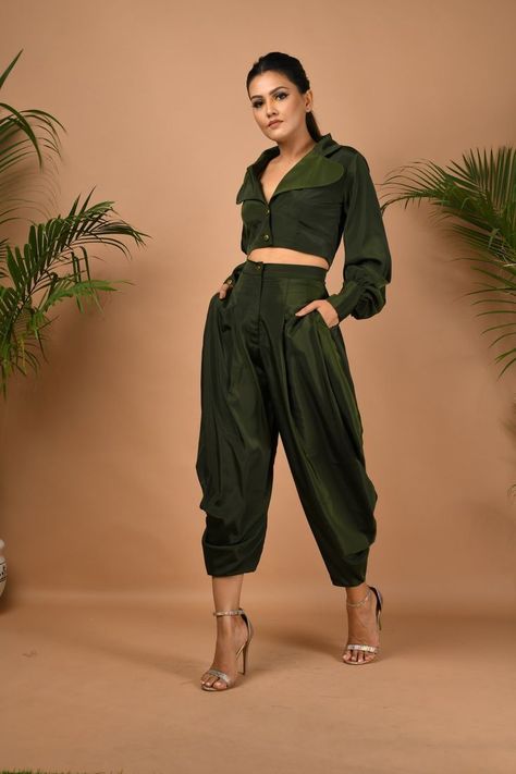 Buy Attractive Military Green Cowl Pants With Cropped Jacket-MYMOONSTRUCK Indian Pants Outfit, Cowl Pants, Indian Pants, Co Ords, Suit Designs, Co Ord Set, Western Dresses, Co Ord, Crop Jacket