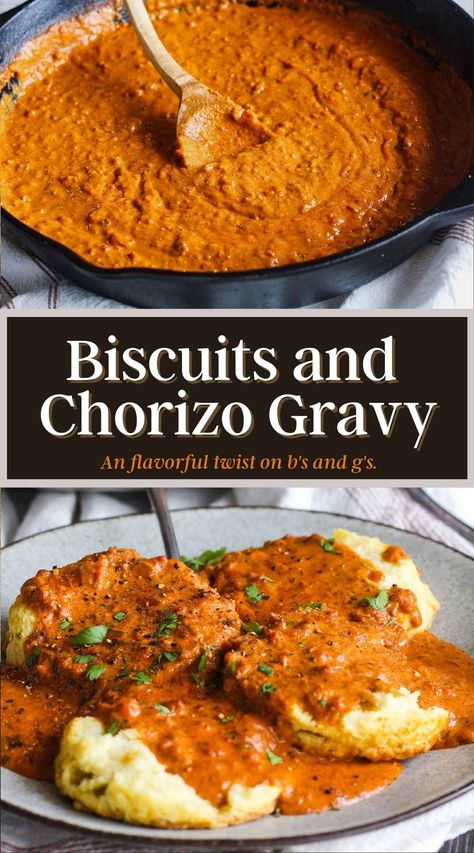 Biscuits And Gravy With Chorizo, Biscuits And Gravy Chorizo, Chorizo Gravy Recipe, New Dinners To Try, Chorizo Dinner Ideas, Chorizo Gravy And Biscuits, Beef Chorizo Recipes Dinners, Dinners With Chorizo, Chorizo Biscuits And Gravy