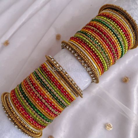 Madiha Mendhi Bangle Set - SOKORA JEWELSMadiha Mendhi Bangle SetBANGLES Desi Fits, Thread Bangles Design, Hand Harness, Bangle Box, Perhiasan India, Silk Thread Bangles, Fancy Jewellery Designs, Bridal Choker, Bridal Necklace Set