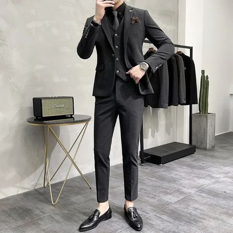 Jacket Vest Pants High End Brand Boutique Solid Color Mens Casual business office Suit Groom Wedding Dress Party Blazer Trousers Coat Formal Dress, Business Plus Size, Grey Suit Vest, Double Breasted Suit Men, Dark Gray Suit, Suit Groom, Leisure Suit, Suit Coat, Men Formal