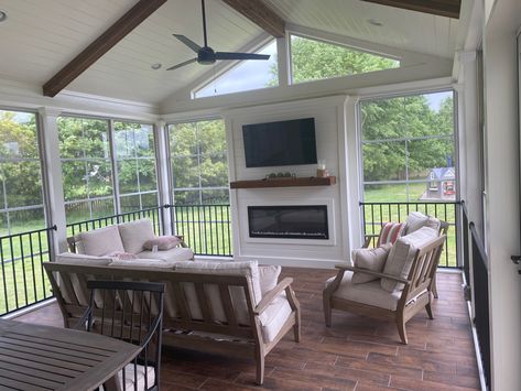 Sun Porch Tv Room, Screened In Farmhouse Porch, Screened In Porch Deck Combo, Four Season Porch With Fireplace, Screen Porch With Tv, Screened Porch With Tv, Screened In Porch With Glass Windows, Screened In Porch To 4 Season Room, 3 Season Porch Paint Colors