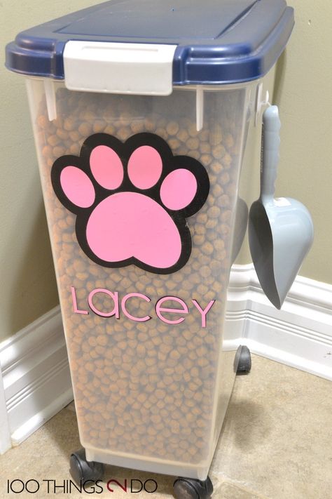 Personalized Pet Food Container | 100 Things 2 Do Food Silhouette, Pet Food Store, Comfy Dog Bed, Pet Store Ideas, Small Dog Accessories, Dog Feeding Station, Pet Food Container, Pet Food Containers, Dog Food Container