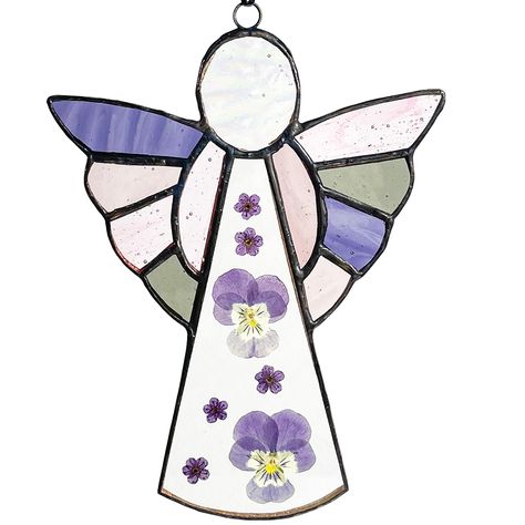 PRICES MAY VARY. ଘ( ˊᵕˋ )ଓ ELEGANT ANGEL DESIGN - The angel suncatcher showcases a complex yet elegant angelic design. The flowers on the suncatcher are made by sandwiching dried flowers between two pieces of colored glass. This product combines the craftsmanship of stained glass and dried flowers, created with meticulous skill by dedicated artisans. This design imparts a sense of tranquility and elegance, making it a perfect addition to enhance the beauty of any space. ଘ( ˊᵕˋ )ଓ STAINED GLASS M Garden Sun Catchers, Angelic Design, Flower Sun Catcher, Angel Suncatcher, Angel Theme, Angel Design, Stained Glass Angel, Stained Glass Window Hanging, Angel Decor