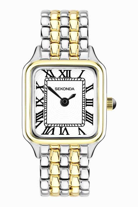 This watch fastens with a two tone, gold and silver plated alloy bracelet. The watch has a large rectangular two tone gold and silver plated alloy case housing a white dial. Gold And Silver Watch, Silver Watches Women, Gold Watches Women, Mixed Metal Jewelry, White Dial, Pretty Jewellery, Metal Jewelry, Gold And Silver, Gold Watch