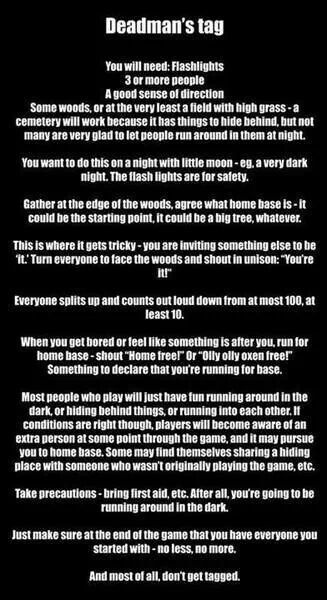 Deadmans tag.... scary as hell but also very interesting. Anyone up for this? Fugitive Game, Scary Games To Play, Party Games Ideas, Creepy Games, Teen Party Games, Slumber Party Games, Girl Sleepover, Scary Games, Sleepover Games