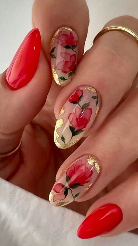 30 Rose Nail Designs That Will Leave Everybody In Awe Red Rose Nail Design, Red Roses Nails, Rose Nail Designs, Red Nails Gold, Roses Nails, Rose Nail Design, Rose Nail Art, Nails Gold, Floral Nail Designs