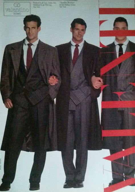 Valentino (1986). The Line-up. Yuppie Fashion 1980, Valentino Suit Men, 80s Yuppie Fashion, 80s Mens Suit, 80s Yuppie Aesthetic, 80s Businessman, 80s Suits Men, Yuppies Fashion, Suits 90s