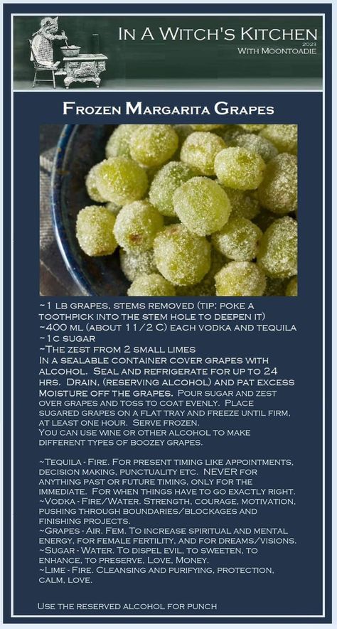 Margarita Grapes, Frozen Grapes Recipe, Witch's Kitchen, Christmas Appetizers Easy, Kitchen Witch Recipes, Frozen Margarita, Frozen Grapes, Grape Recipes, Boozy Desserts