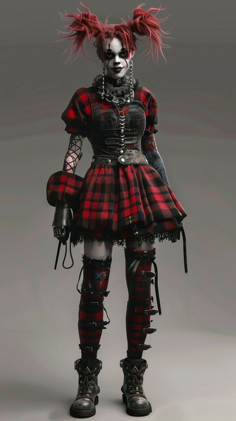 Punk Clown Woman with Plaid Details Dark Clown Outfit, Creepy Clown Outfit, Clown Halloween Outfit Women, Cute Clown Costume Women, Goth Birthday Outfit, Goth Clown Outfit, Circus Goth, Punk Clown, Clown Woman