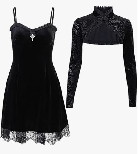 Black Velvet Dress with Lace and Cropped Over Shirt Goth Dress Aesthetic, Alt Dresses, Alt Dress, Cute Grunge Outfits, Black Goth Dress, Grunge Dresses, Goth Dresses, Chic Bodycon Dress, Harajuku Dress