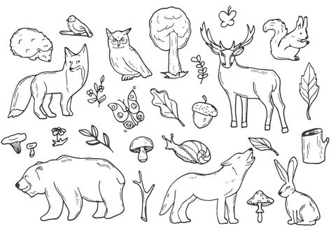 How To Draw Forest Animals, Wildlife Doodles, Forest Animals Tattoo, Forest Animal Drawings, Forest Drawing Simple, Forest Drawing With Animals, Woodland Doodles, Forest Doodles, Doodle Forest