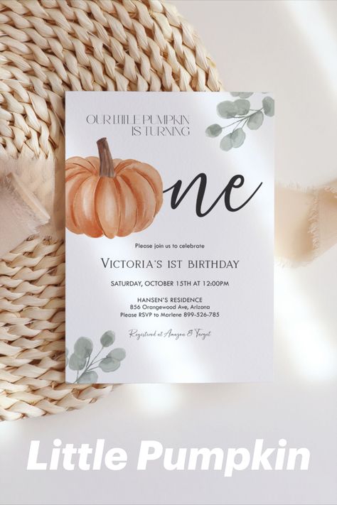 Pumpkin 1st Birthday Printable Invitation One Sweet Pumpkin First Birthday, Our Little Pumpkin Is Turning One Boy, First Birthday Pumpkin Theme, Orange First Birthday, 1st Birthday Pumpkin, 1 Year Birthday Party Ideas, Fall First Birthday, Fall Birthday Invitations, Birthday Pumpkin