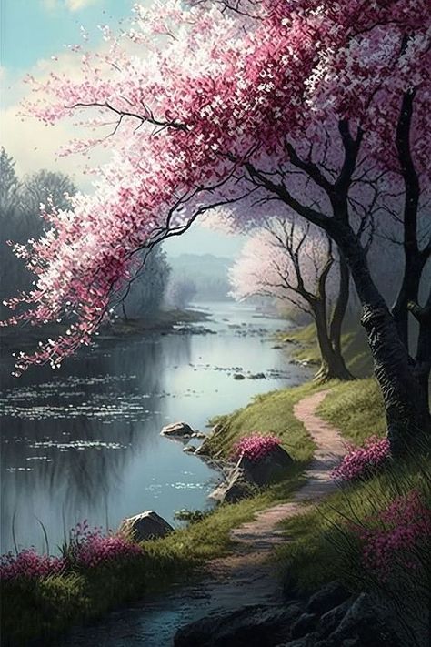 Artistic Visions: Bringing Nature's Beauty to Life Mountain Landscape Photography, Landscape Art Painting, Spring Landscape, 수채화 그림, Nature Art Painting, Beautiful Landscape Wallpaper, Flower Art Painting, Art Painting Acrylic, Alam Yang Indah