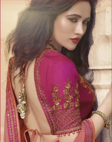 Pinterest: @pawank90 Pink Embroidered Blouse, Pink Silk Blouse Designs, Rani Pink Blouse Designs, Pink Blouse Designs For Saree Silk, Pink Blouse Designs, Blouse Works, Designer Sarees Wedding, Magenta Art, Backless Blouse Designs