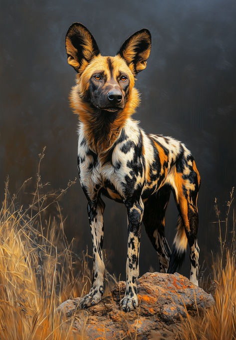 Majestic and vigilant, the wild dog stands sentinel over its vast, untamed kingdom. African Painted Dog Art, African Wild Dog Tattoo, African Dog, African Painted Dog, African Wild Dog Art, Wild Dog, African Hunting Dog, Amazing Animals, African Wild Dog