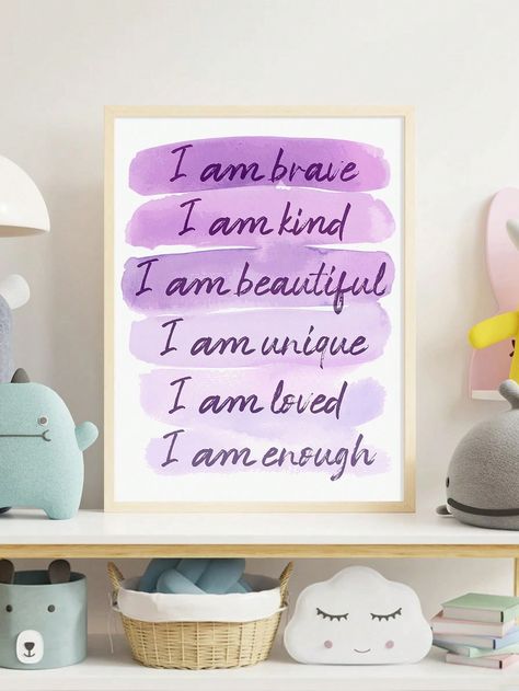 1pc Positive Affirmation Room Wall Art, Canvas Print With Inspirational Quote, Suitable For Girls' Purple Bedroom, Nursery, Baby Shower Gift, UnframedI discovered amazing products on SHEIN.com, come check them out! Lavender And Gold Bedroom Ideas, Cream And Lavender Bedroom, Purple Butterfly Nursery Ideas, Pastel Purple Kids Room, Sage Green And Lavender Nursery, Pastel Purple Room Decor, Purple Theme Bedroom, Purple Unicorn Bedroom, Pastel Purple Bedroom Aesthetic