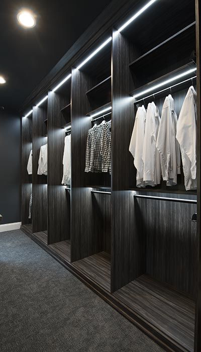 double hang section of master closet with walk in closet lighting Adjustable Closet System, Led Closet, Master Closet Design, Office Design Trends, Black Closet, Closet Planning, Trendy Interior Design, Modern Closet, Men Closet