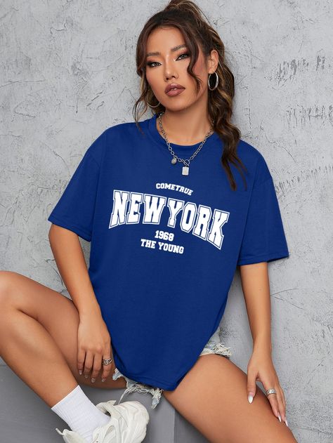 Royal Blue Casual Collar Half Sleeve Fabric Letter  Embellished Slight Stretch Summer Women Clothing Blue Tee Outfit, Style Vert, Royal Blue T Shirt, Cutout Shorts, Drop Shoulder Tee, Autumn T Shirts, Tee Outfit, Coral Blue, Women T Shirts