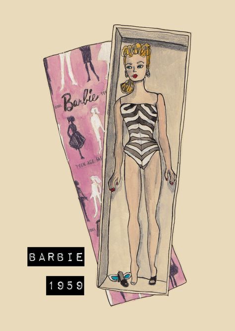 Doll In Box Drawing, Barbie Box Drawing, Pink Barbie Poster, Vintage Barbie Wallpaper, Barbie Illustration Art, Vintage Barbie Aesthetic, Barbie Doll Drawing, Barbie Sketch, Barbie Artwork