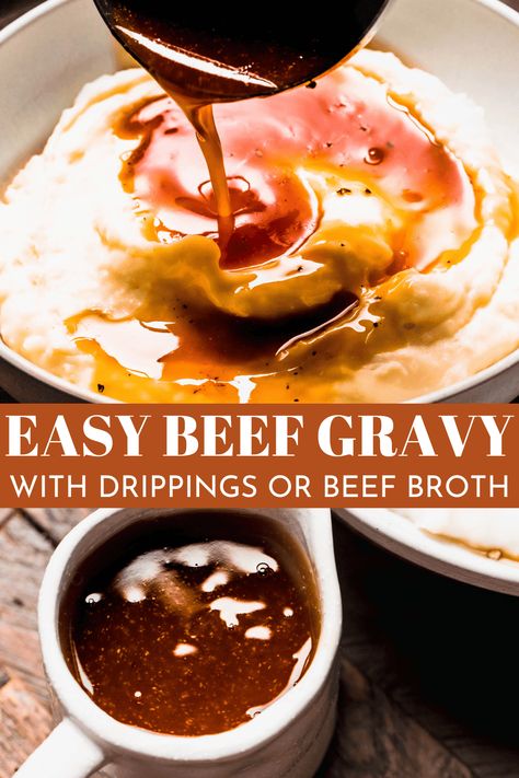 Learn how to make beef gravy with beef drippings or beef broth! With only 10 minutes of hands-on work, it’s surprisingly simple and yields rich and beefy brown gravy every time. Perfect for french fries, meat, potatoes, and more! How To Make Beef Gravy With Beef Broth, Pan Gravy With Drippings Beef, Beef Gravy Recipe With Flour, Brown Gravy Recipe Easy With Drippings, Beef Gravy Recipe With Bouillon, Brown Gravy Recipe Easy With Beef Broth, How To Make Beef Gravy, Gravy From Beef Broth, Beef Gravy Without Drippings