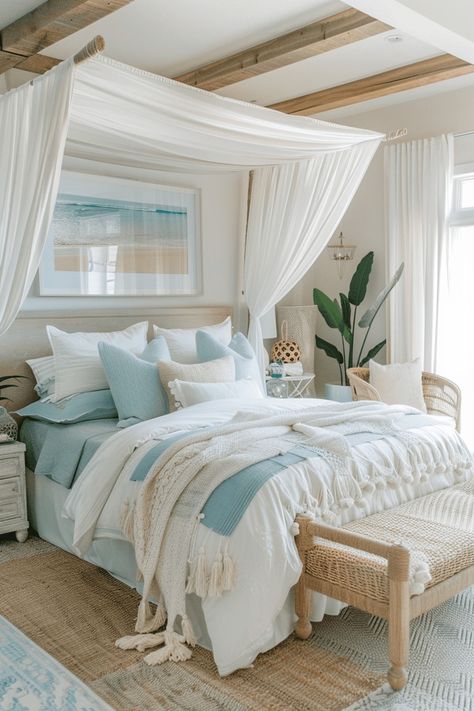 Beach Style Apartment, Costal Bedroom Design, Coastal Room Bedroom, Coastal Bedroom Ideas Beach, Beach Bedroom Ideas Coastal Style, Bedroom Coastal Style, Seaside Room, Boho Coastal Bedroom, Costal Bedroom