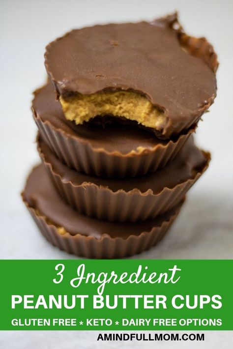 Homemade Peanut Butter Cups: A homemade version of a Reese's Peanut Butter Cup, this recipe is made with 3 simple, clean ingredients for a treat you can feel less guilty about devouring. Keto and Vegan modifications included. #amindfullmom #reesescup #peanutbutter #chocolate #nobake #dessert #3ingredients #glutenfree #keto #lowcarb #vegan via @amindfullmom Resses Peanut Butter Cups, Cups Stacked, Nobake Dessert, Healthy Peanut Butter Cups, Peanut Butter Cups Recipe, Reese's Peanut Butter Cup, Homemade Peanut Butter Cups, Dairy Free Chocolate Chips, Butter Bars