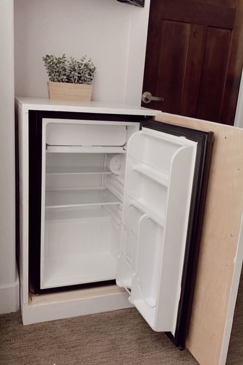 DIY Mini Fridge cabinet Mini Fridge End Table, Paneled Mini Fridge, Fridge Inside Cabinet, Dorm Fridge Makeover, Mini Fridge Cover Diy, Cabinet Mini Fridge, Small Pantry With Mini Fridge, Mini Fridge Side Table, Mini Fridge Cabinet Office